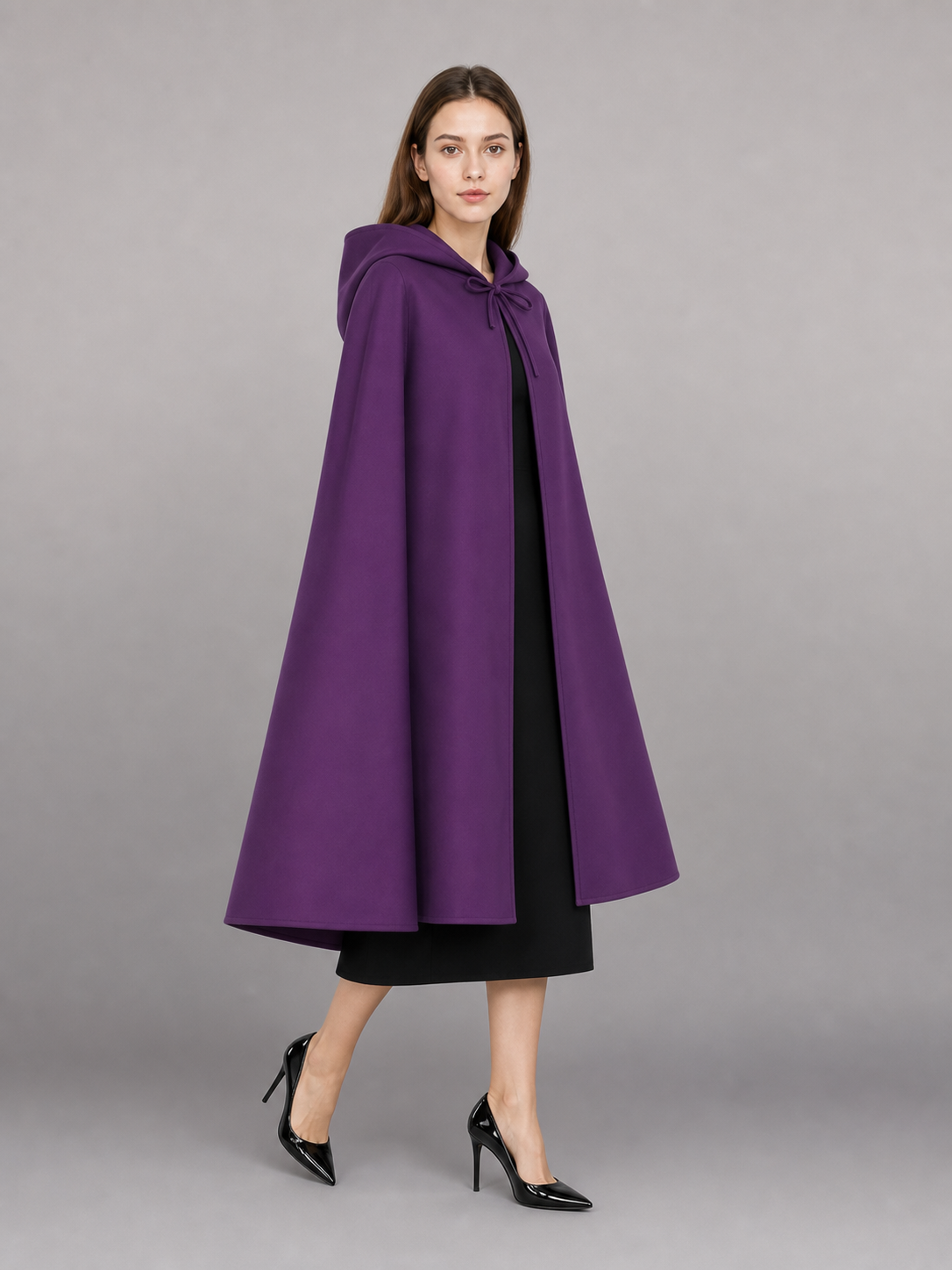 Purple hooded costume cloak with zipper
