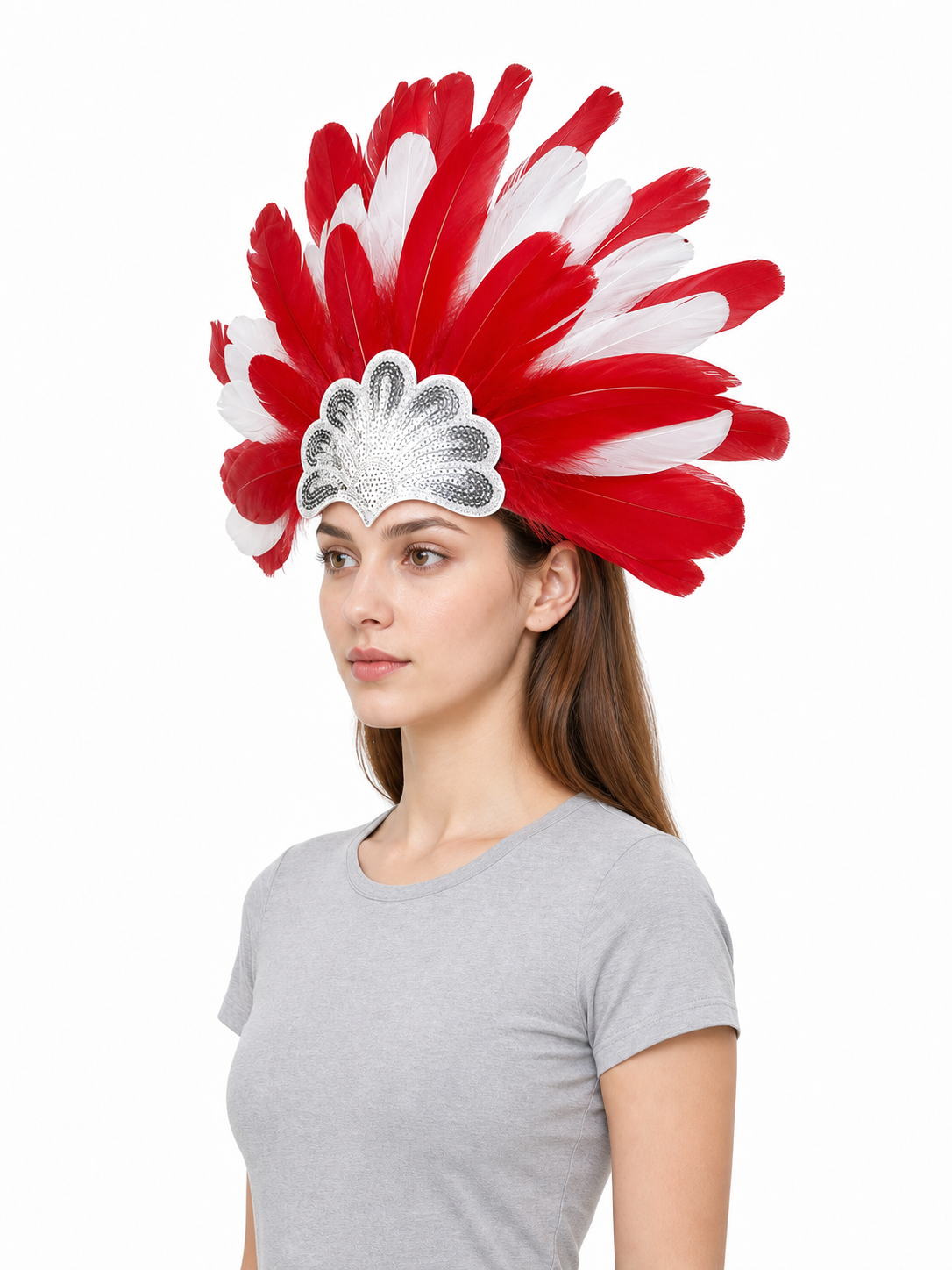 Carnival Headpiece with Red and White Feathers