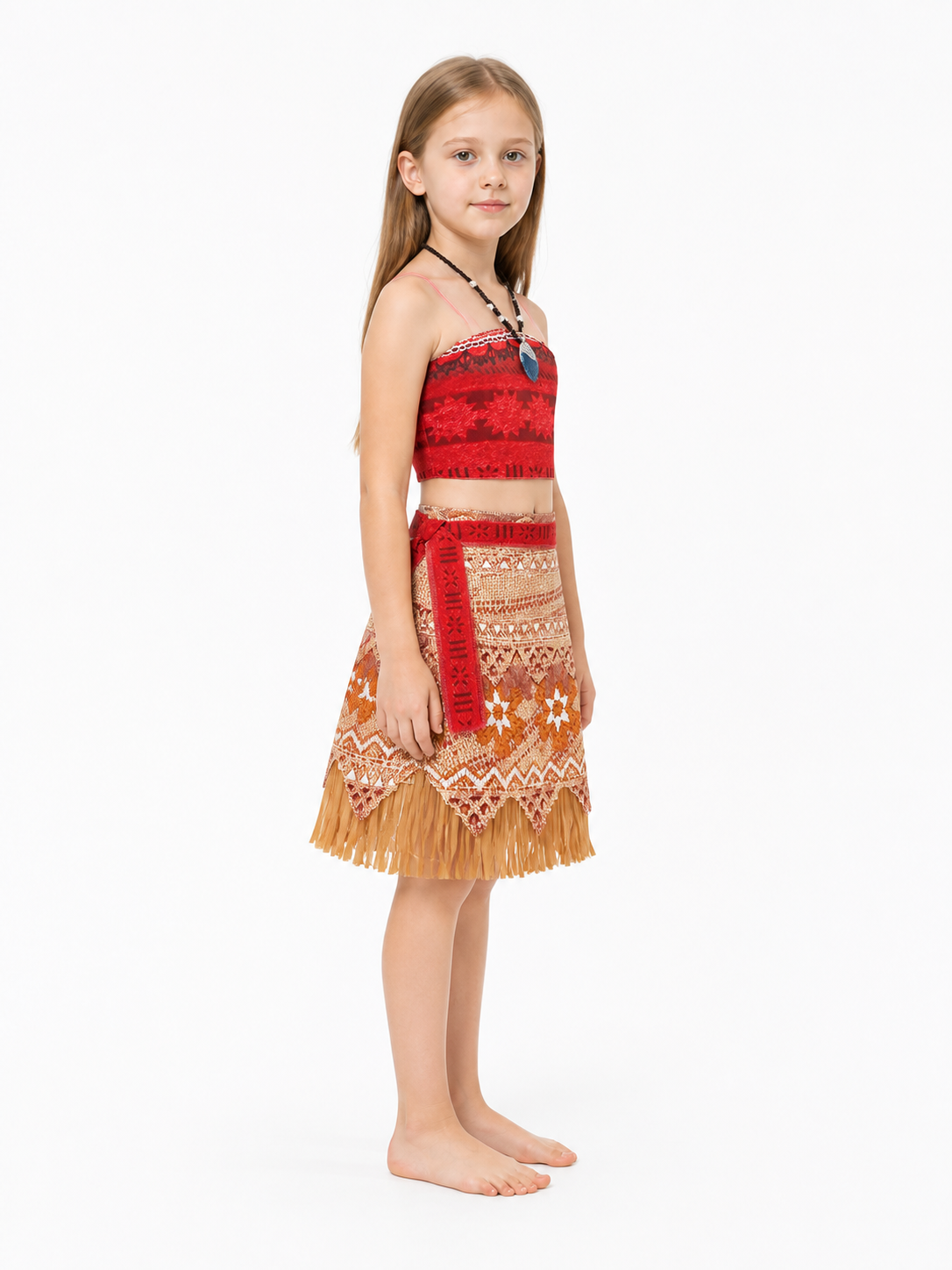 Moana Two-Piece Costume with Fringe and Necklace side view