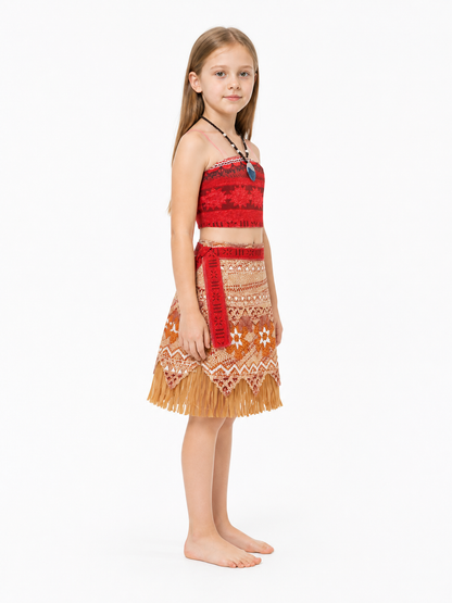 Moana Two-Piece Costume with Fringe and Necklace side view