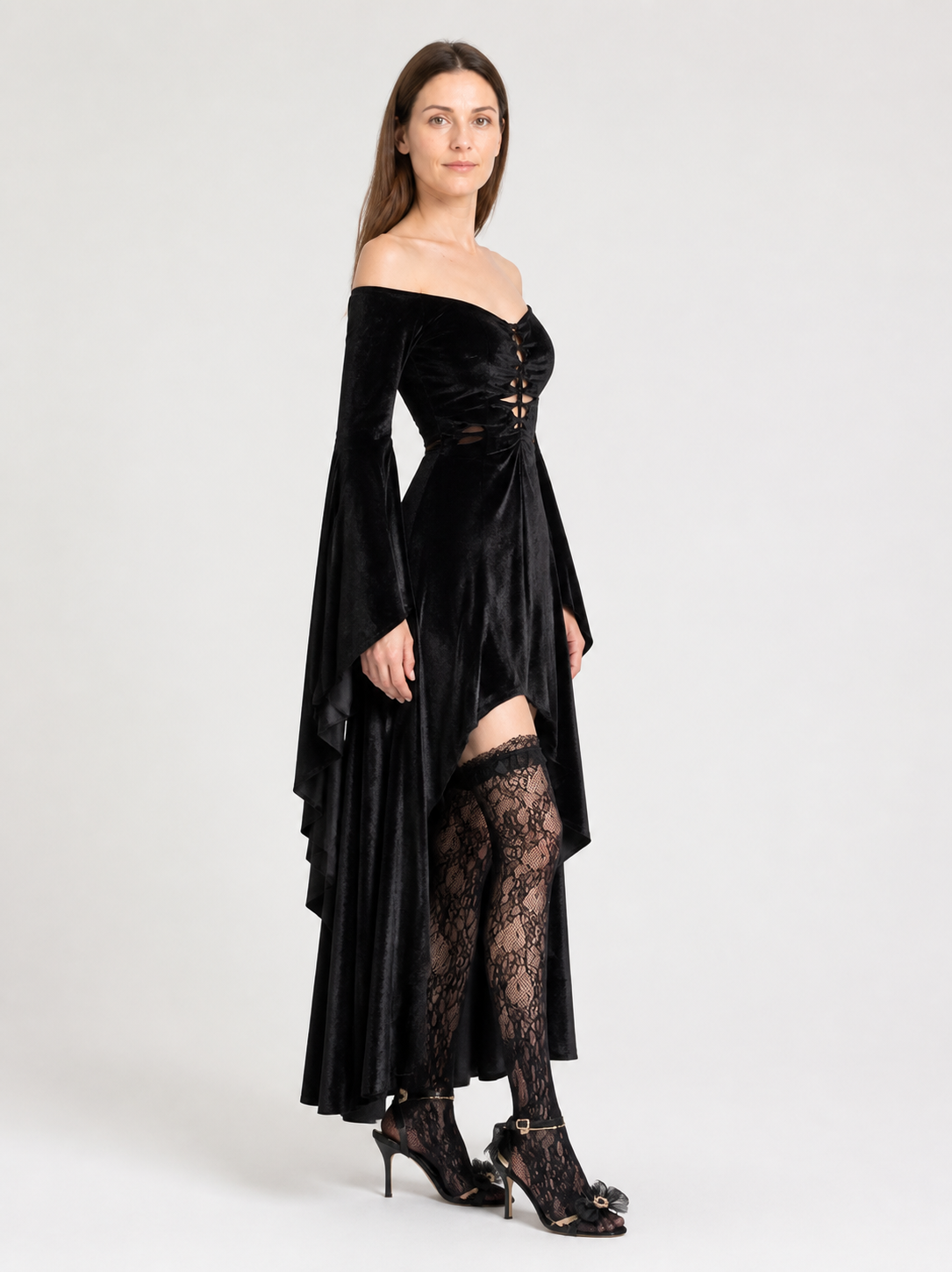 Black Gothic Off-the-Shoulder Asymmetrical Dress side view