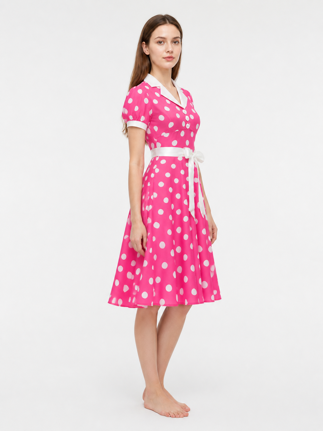 Polka-Dot Dress with a Turn-Down Collar and Bow side view