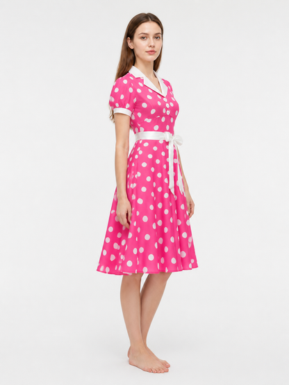 Polka-Dot Dress with a Turn-Down Collar and Bow side view