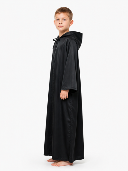 Long Black Hooded Cloak with Tie Closures side view