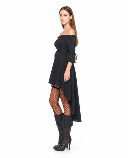 Black Off-the-Shoulder Dress with an Asymmetrical Hem side view