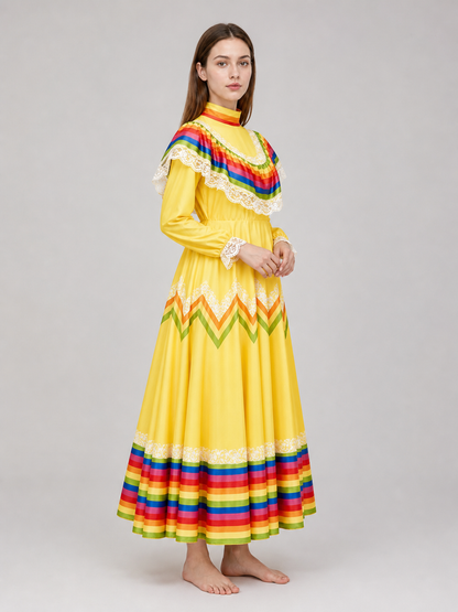 Costume dress with ruffles and rainbow trim