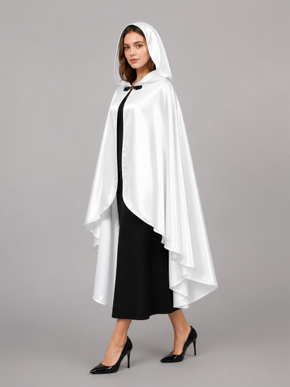 Long white hooded satin-look carnival cape product view 34