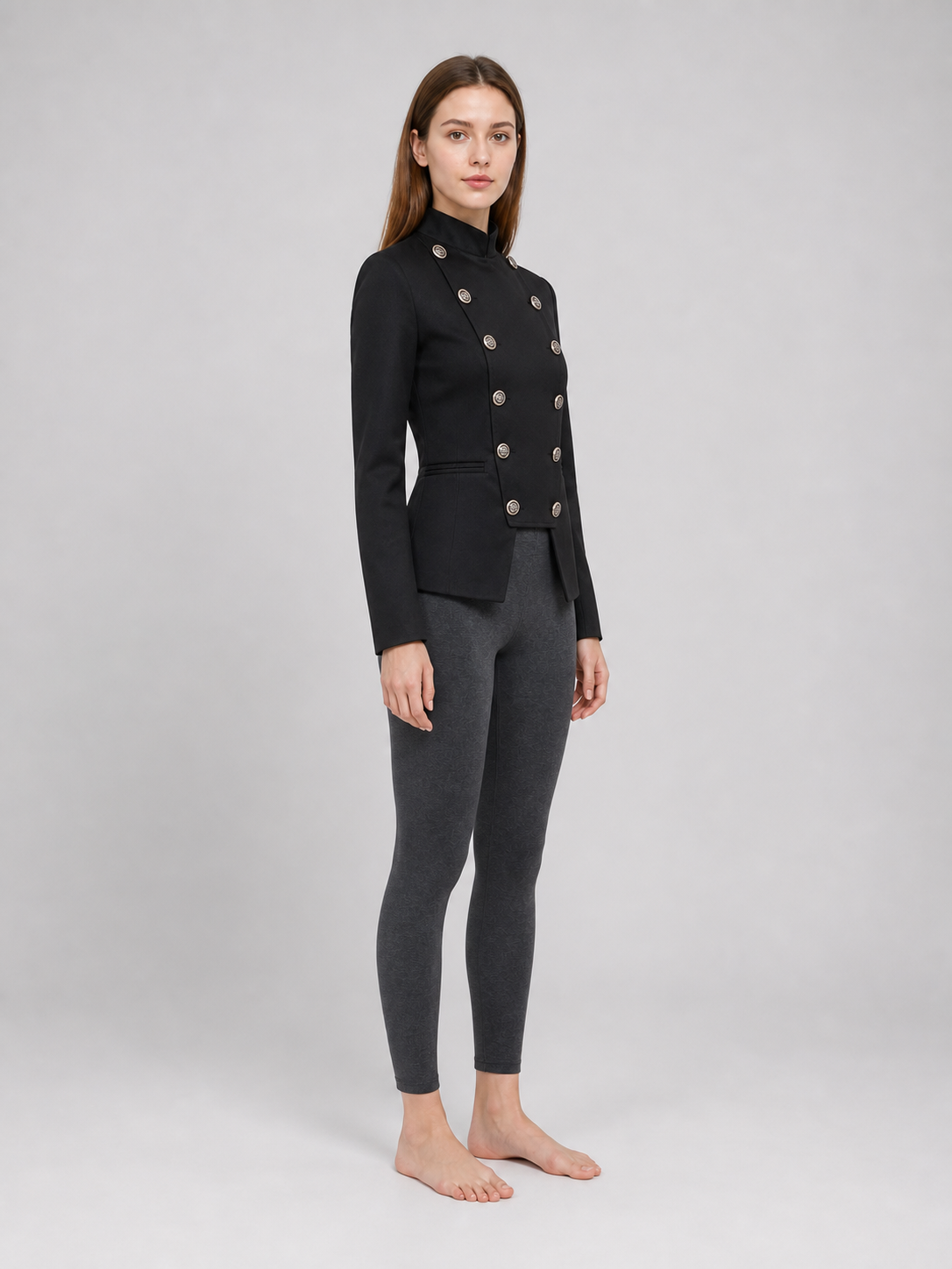 Black jacket with an asymmetrical double-breasted placket