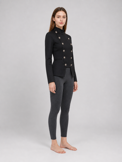 Black jacket with an asymmetrical double-breasted placket