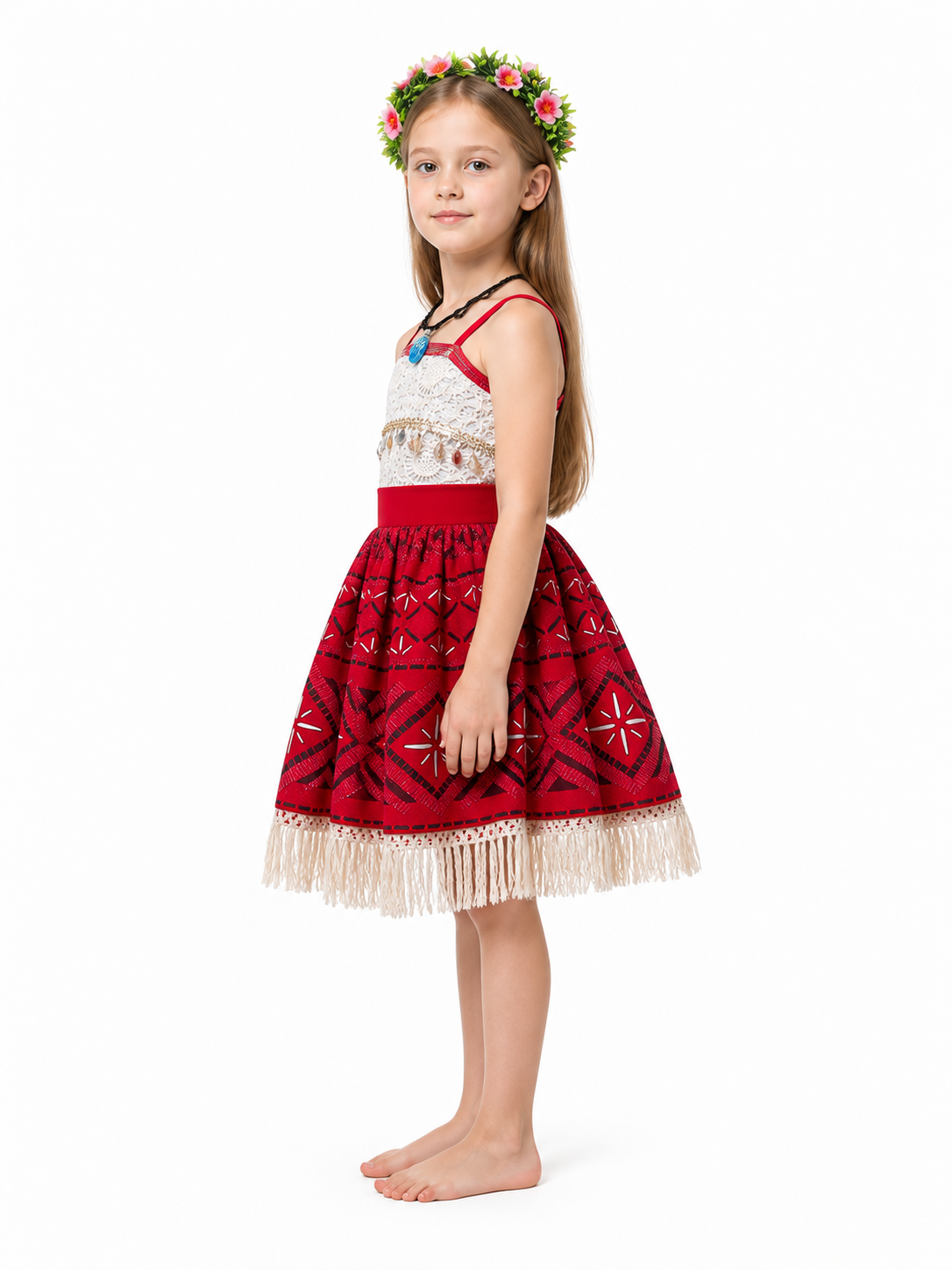 Children’s Moana costume with a red full skirt for Halloween side view