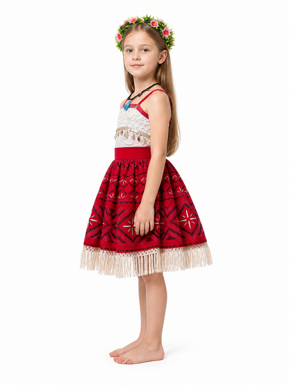 Children’s Moana costume with a red full skirt for Halloween side view