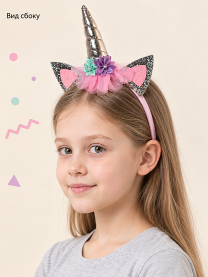 Kids' Unicorn Headband with Silver Horn and Flowers