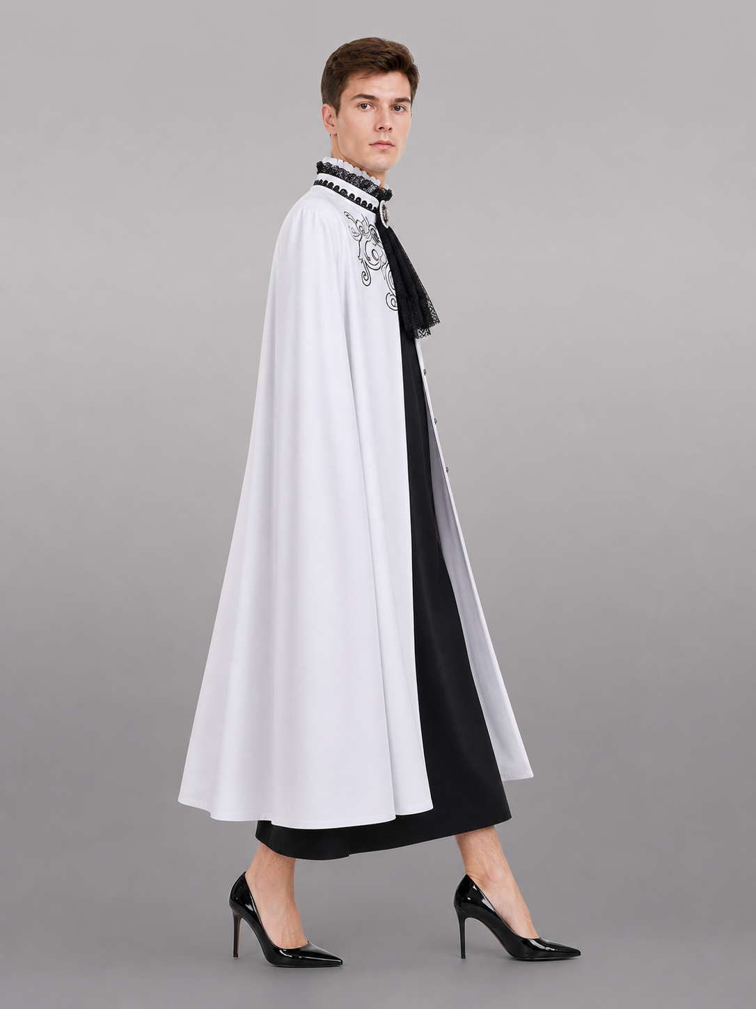 White Costume Shirt with Jabot and Embroidery
