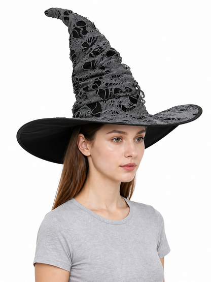 Gray Black Halloween Witch Hat For Women Wide Brim Curved Pointed Tattered Torn side view 3