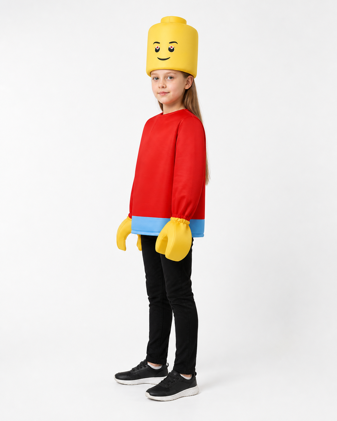 Block Character Costume, Red with Light Blue Trim side view