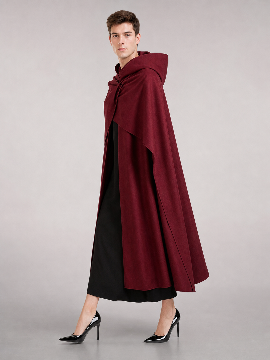 Medieval Hooded Cloak Wine Red Cape with Overlapping Front and Irregular Draped Hem for Cosplay, Theme Parties, Stage Performances and Fantasy Photography