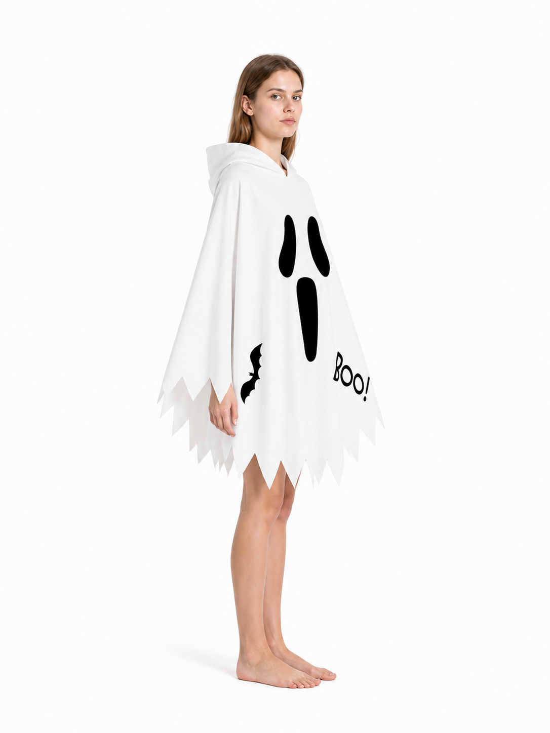 White Hooded Cape with Ghost Print for Halloween side view