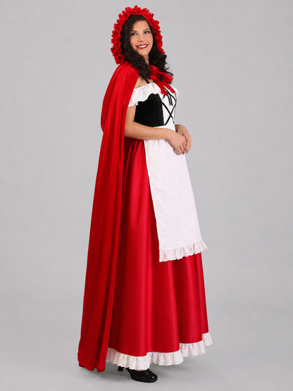 Red Riding Hood costume set designed as a dress with a cape, suitable for stage performances, festive dress-up, and themed cosplay. The set includes a costume combining a red dress with a full silhouette, a white apron-style front, and a re