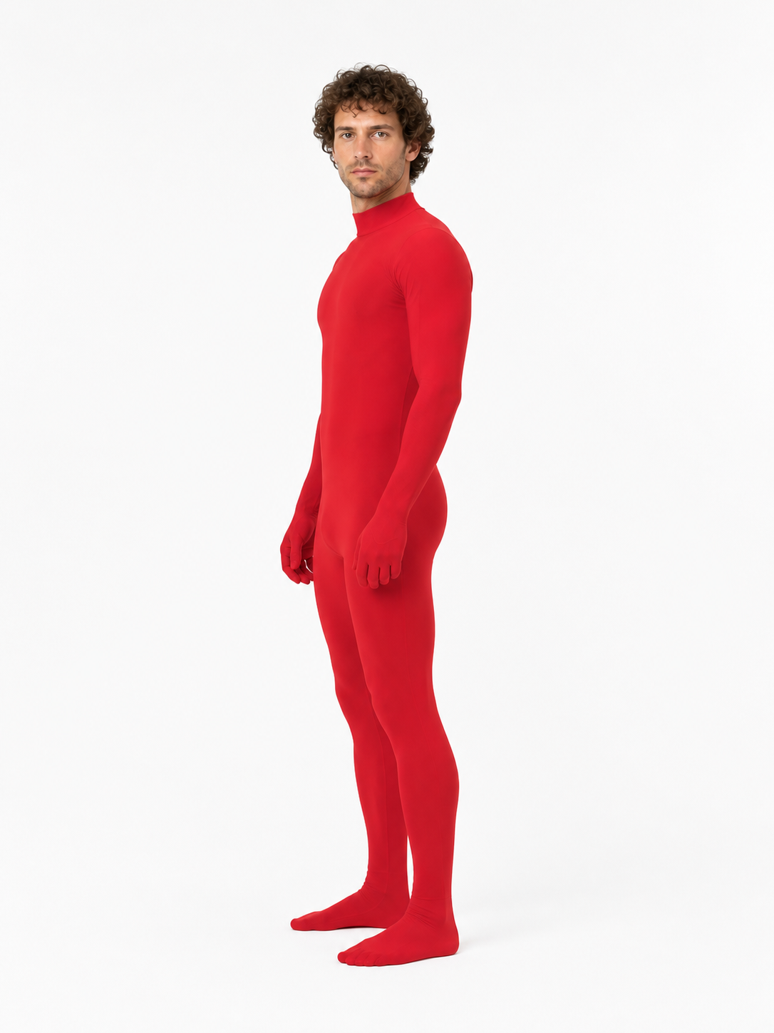 Red Form-Fitting Zentai Jumpsuit with High Collar side view