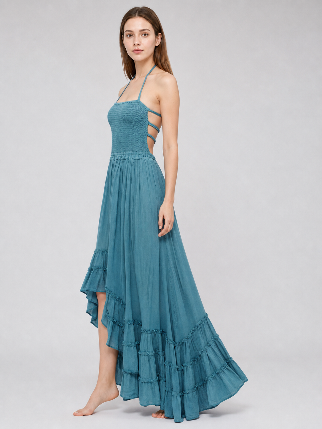 Boho Maxi Dress with an Open Back and Tiered Ruffles
