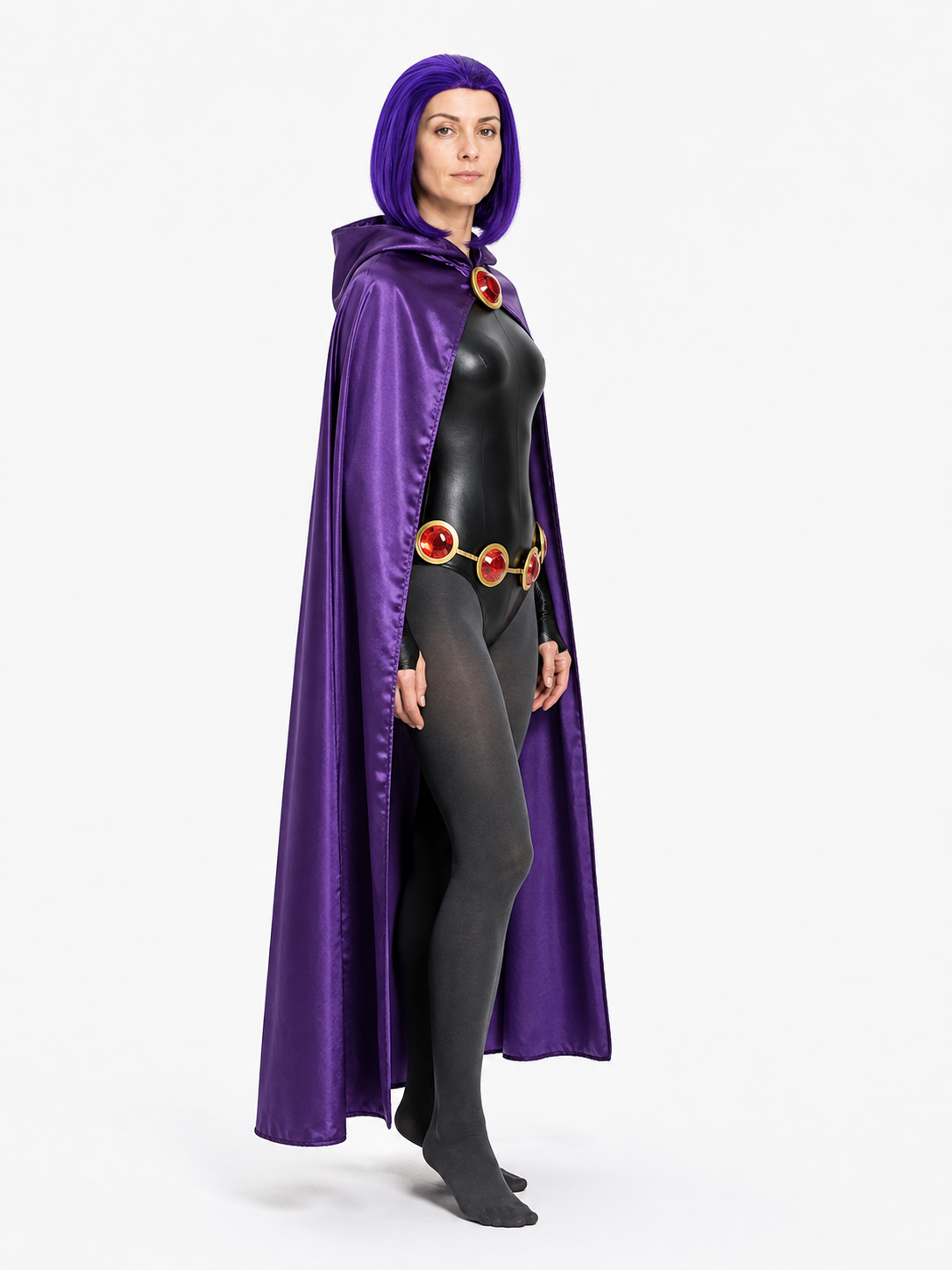 Raven Costume with Purple Cape and Belt side view
