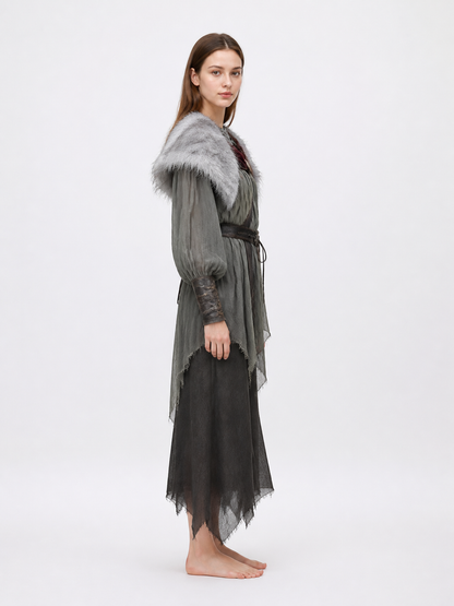 Adult Viking Cape Costume, Fluffy Gray-White Shoulder Edge, Gold Emblem & Button side view