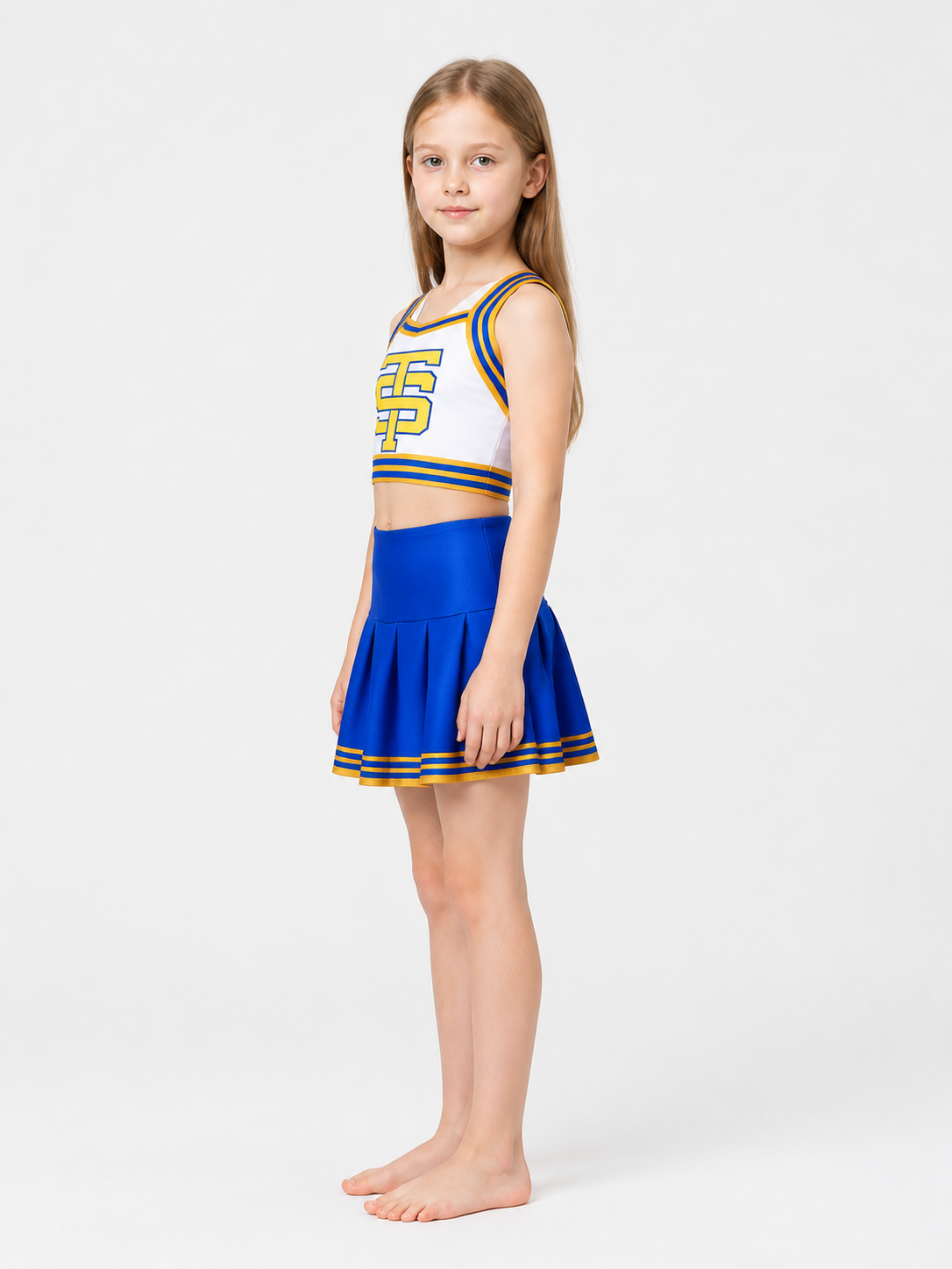 Side view of the TS cheer costume showing the cropped top and high-waisted pleated skirt