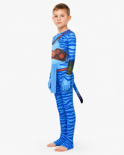 Avatar Costume Jumpsuit with Tail for Cosplay, Blue, 110-190 side view