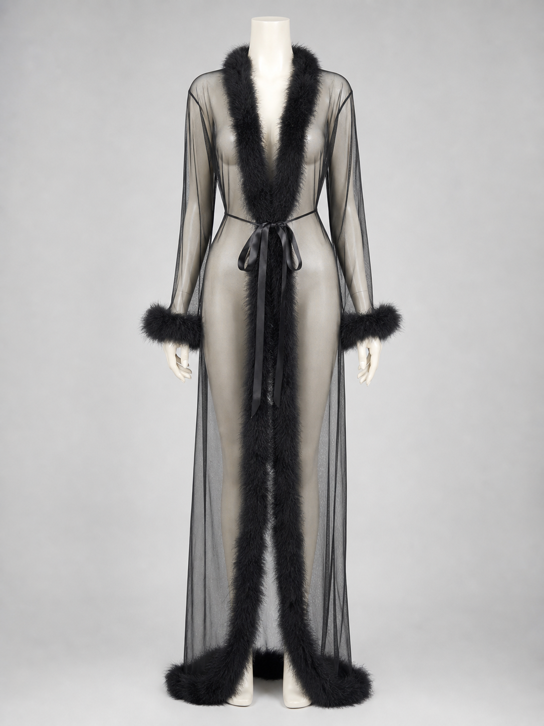 Long Robe with Open Front and Fluffy Trim side view