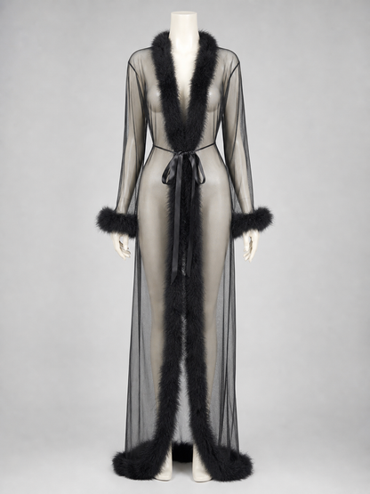 Long Robe with Open Front and Fluffy Trim side view