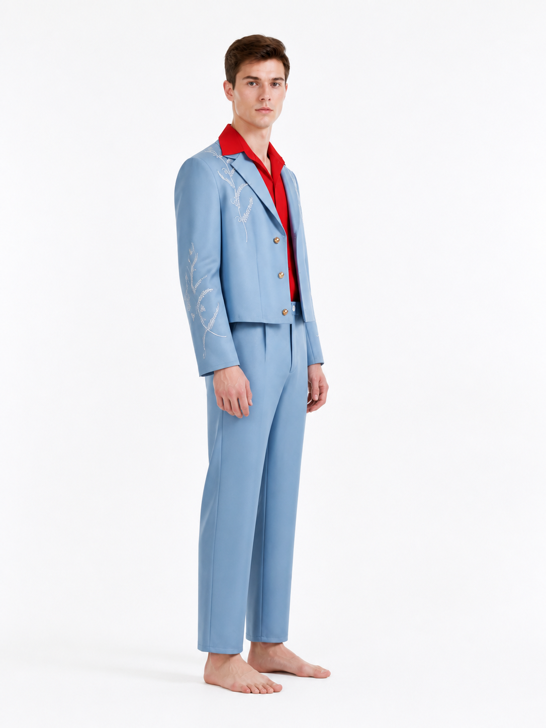 Three-piece suit with embroidery, light blue with a red shirt side view