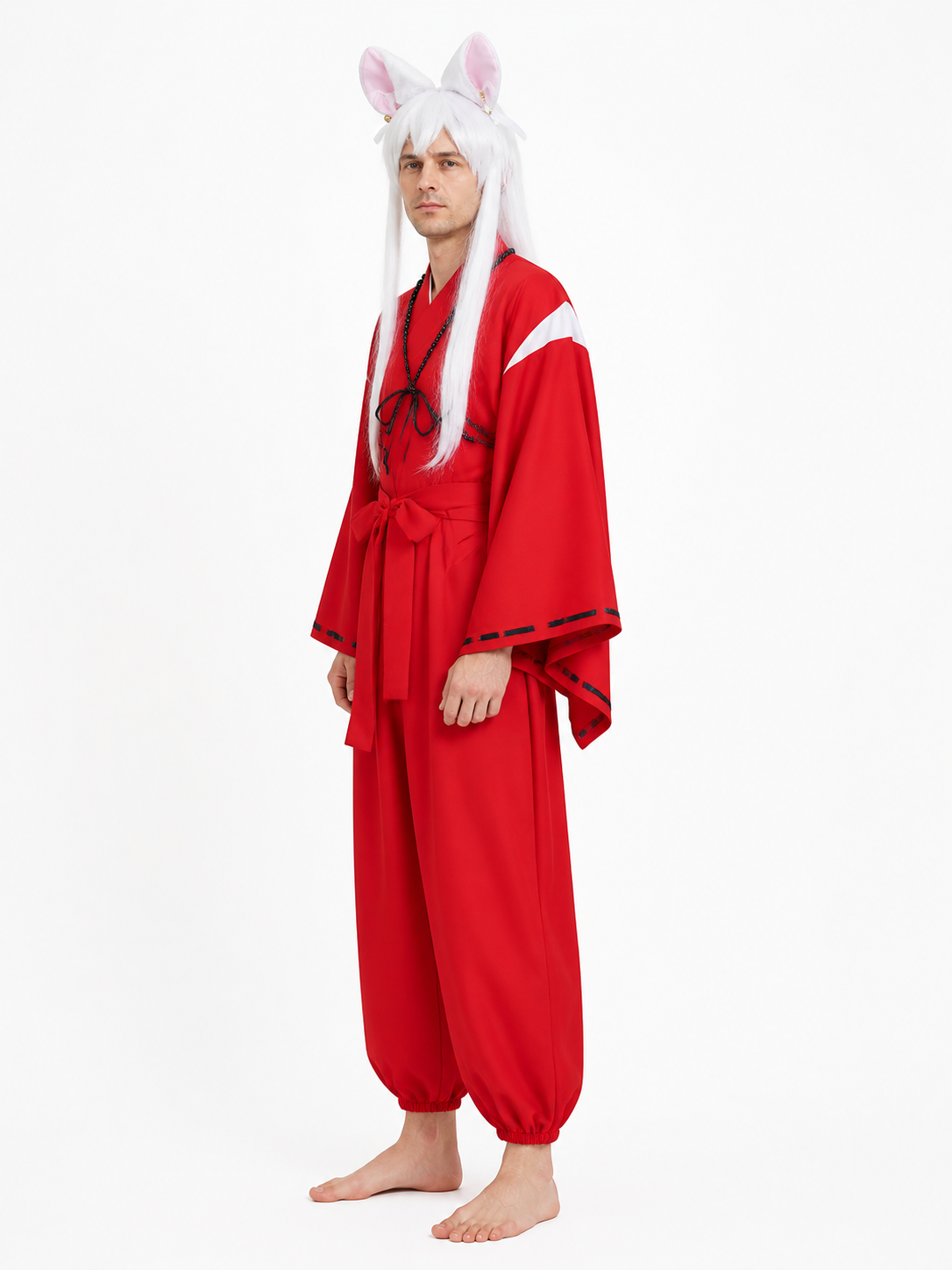 Inuyasha Cosplay Costume, Red Kimono with Wig and Ears side view
