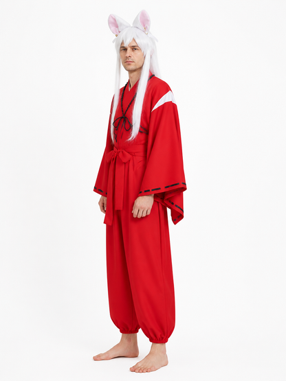 Inuyasha Cosplay Costume, Red Kimono with Wig and Ears side view