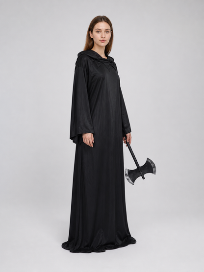 Dark fantasy costume with hood and axe side view 3