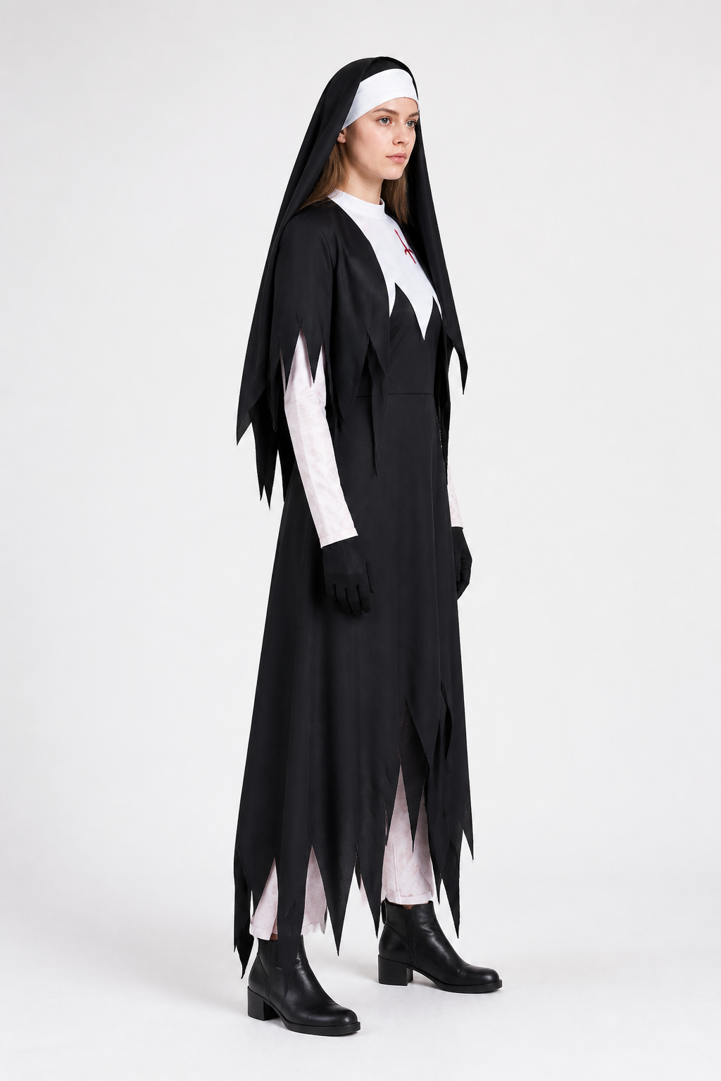Long Torn Black Nun Costume for Halloween side view