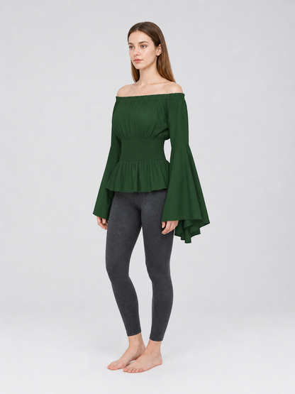 Dark Green Off-Shoulder Peplum Blouse