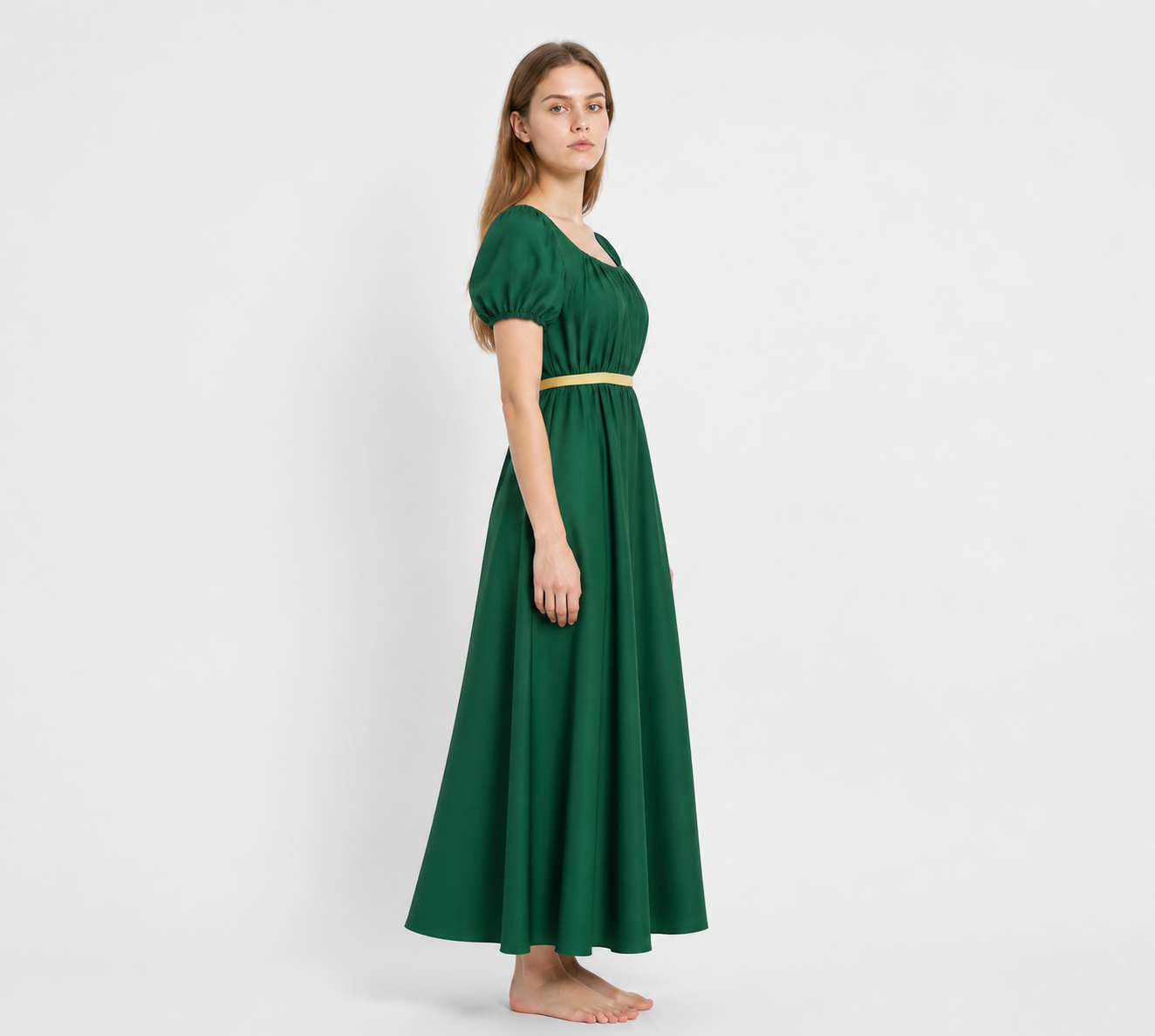 Long Dark Green Dress with Belt and Puff Sleeves side view