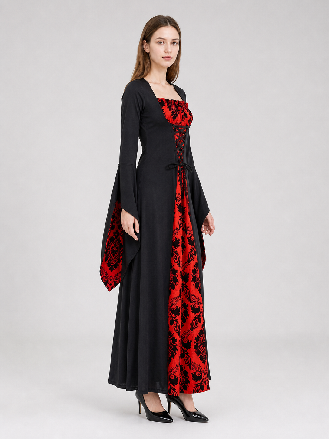 Gothic Hooded Dress with Red Pattern