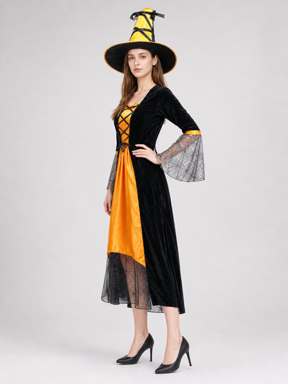 This Halloween costume includes a long dress and a pointed hat. The dress is in a black-and-orange color scheme: the center features a bright orange panel, and the black outer layer has a flared hem. The semi-sheer sleeves are decorated wit