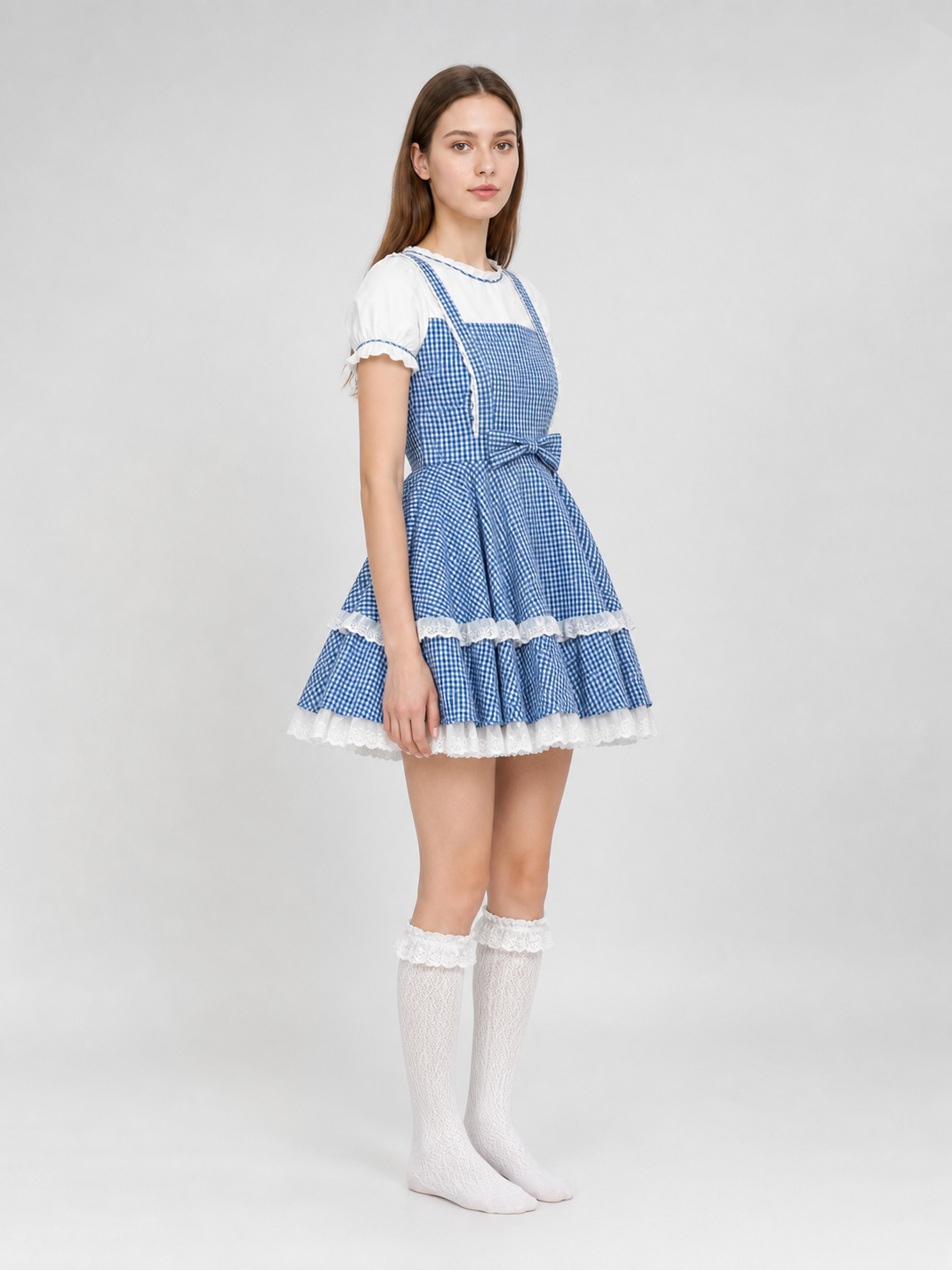 Retro-Style Plaid Dress with Socks and Bows