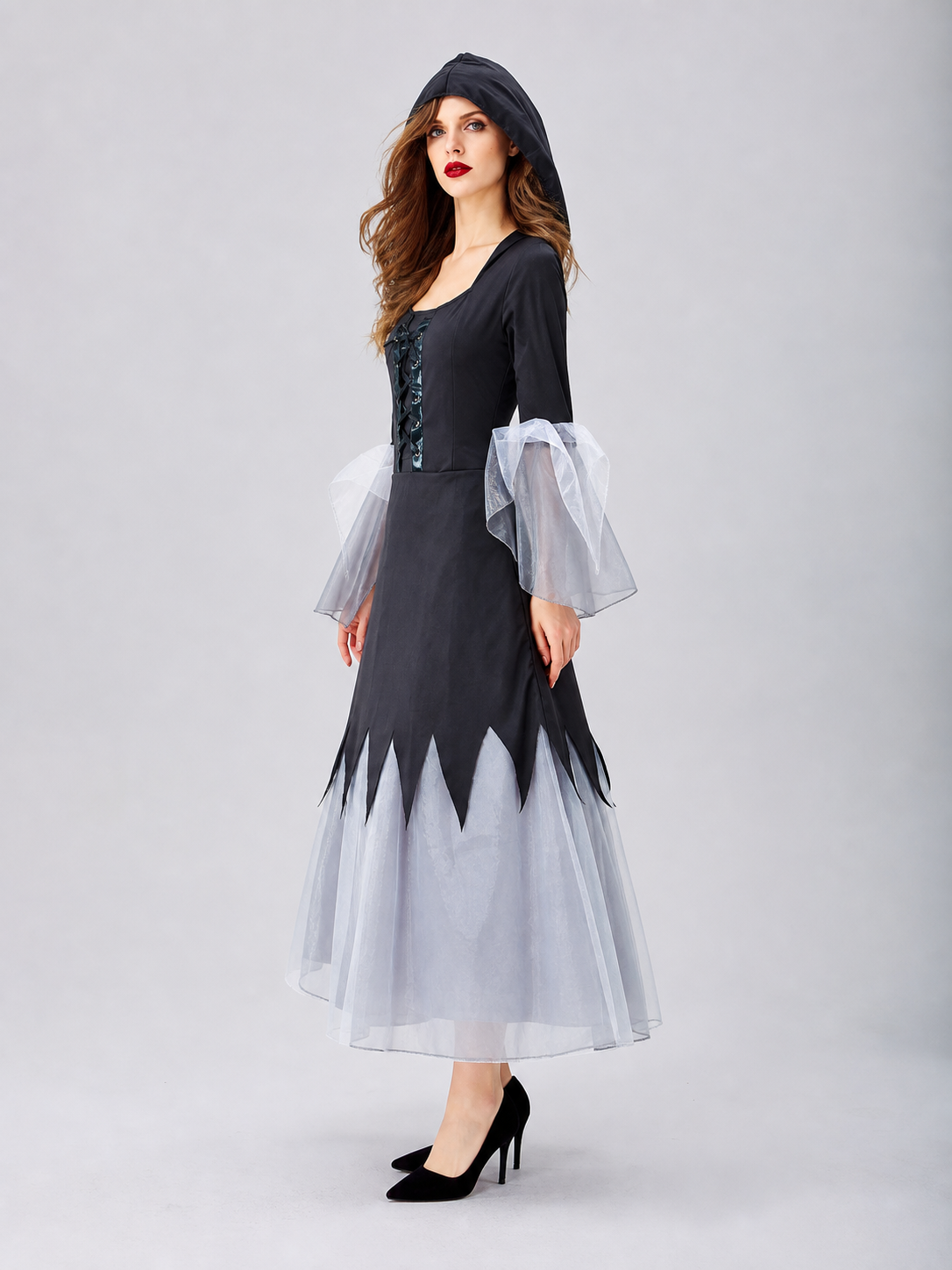 Gothic Black and Gray Lace-Up Cosplay Dress