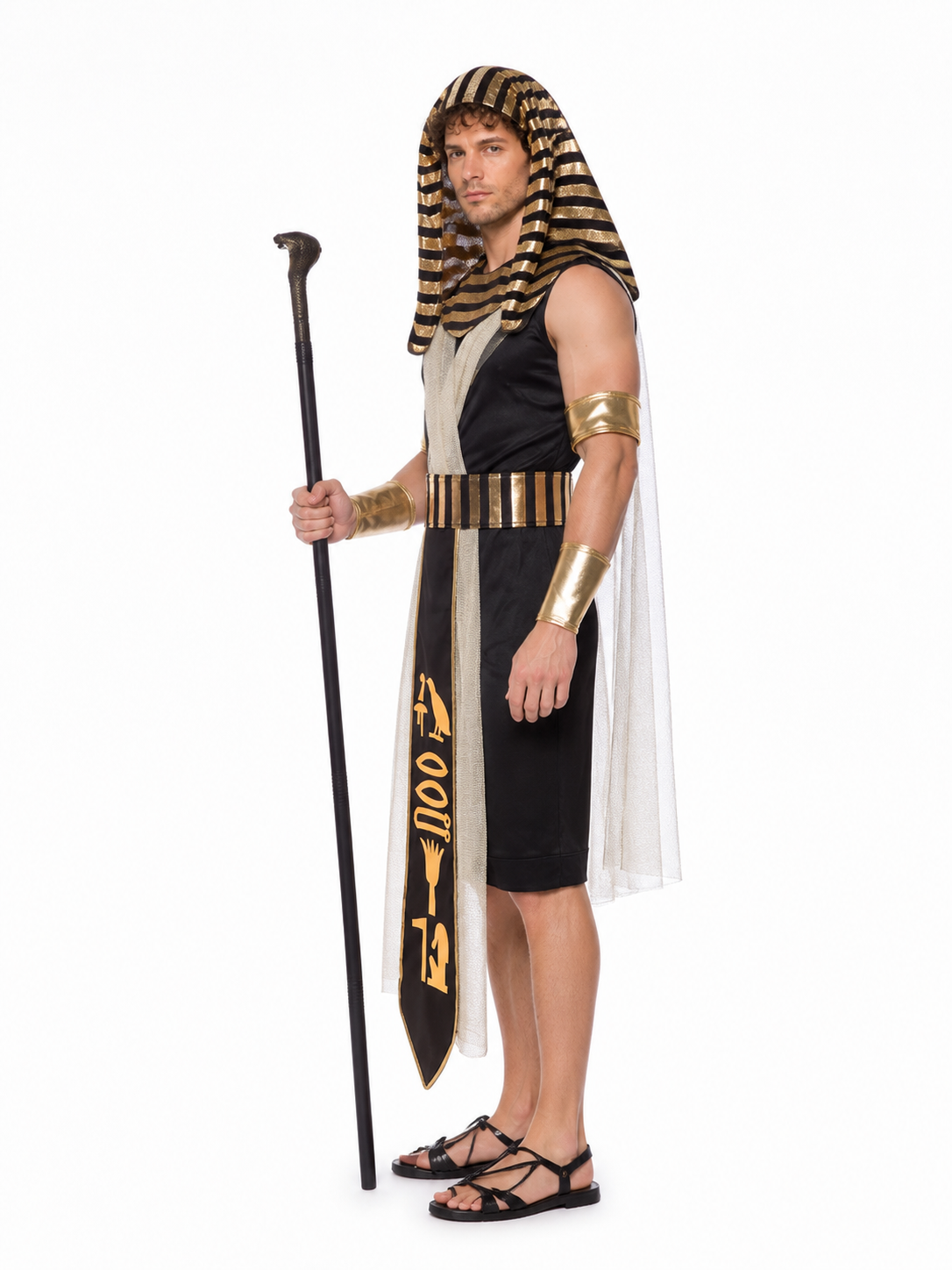 Egyptian Pharaoh Costume with Nemes Headdress and Gold Trim side view