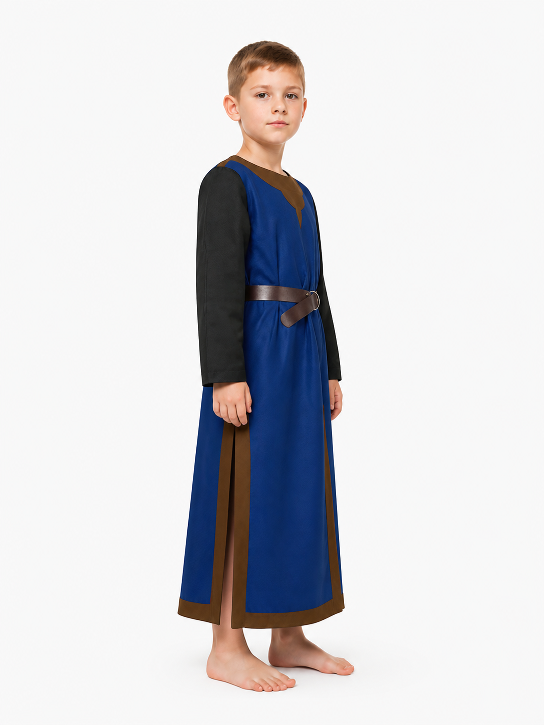 Medieval Robe with Belt and Patchwork, Blue and Brown side view