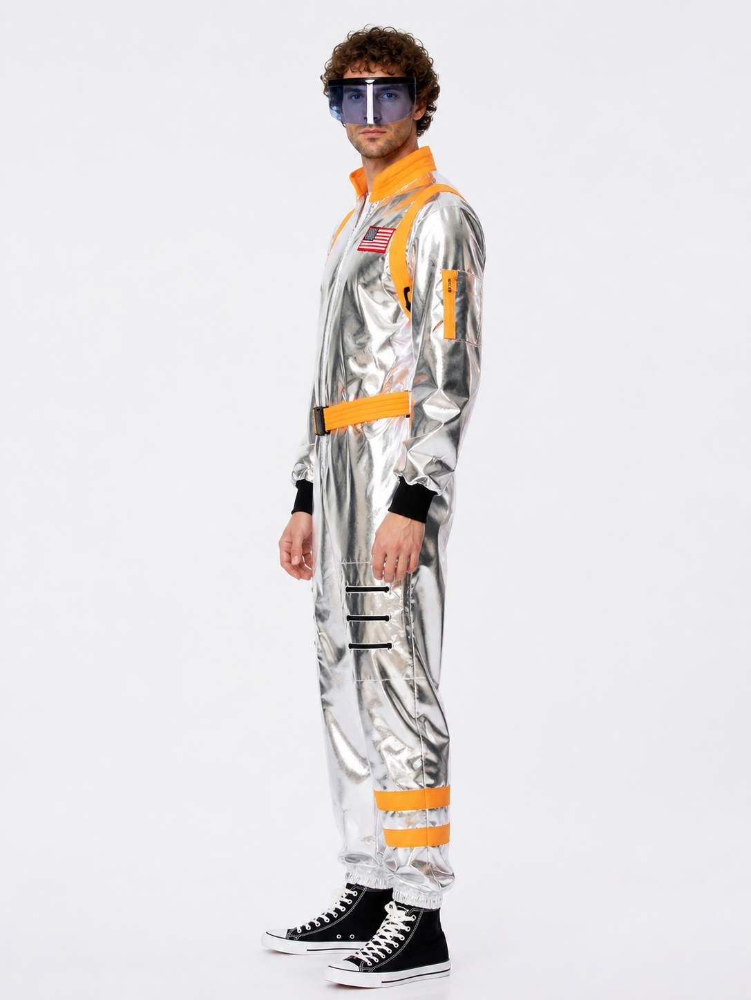 Silver Astronaut Costume with Orange Accents side view