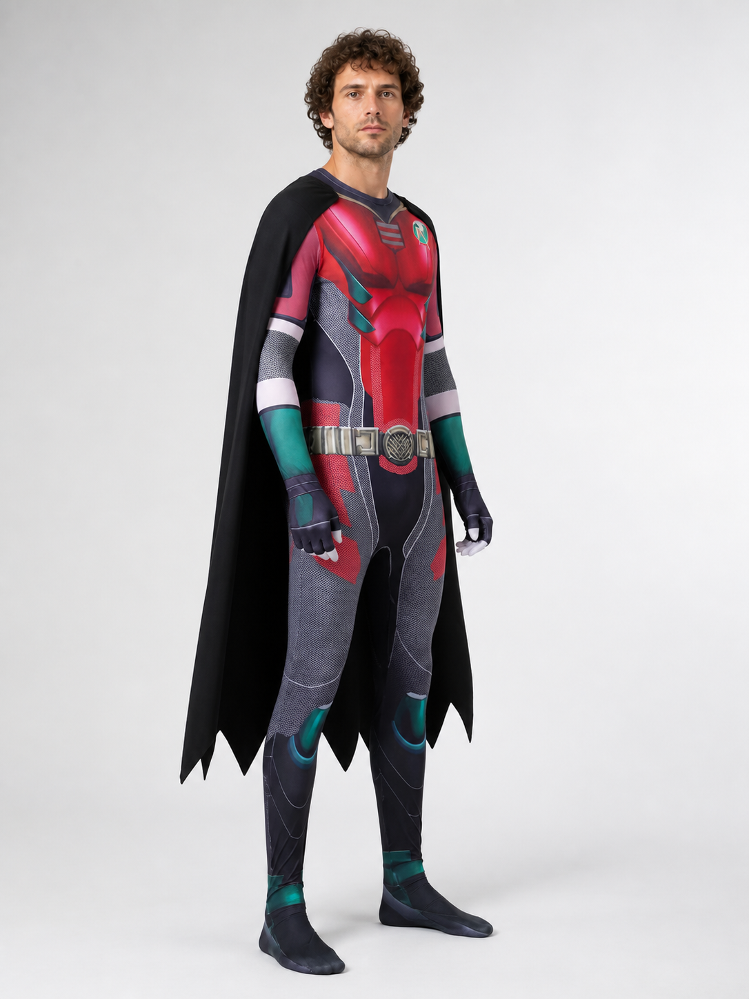 Robin Cosplay Costume with Cape and Jumpsuit side view