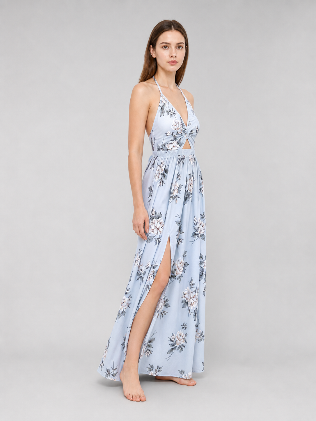 Maxi Dress with Floral Print and V-Neckline