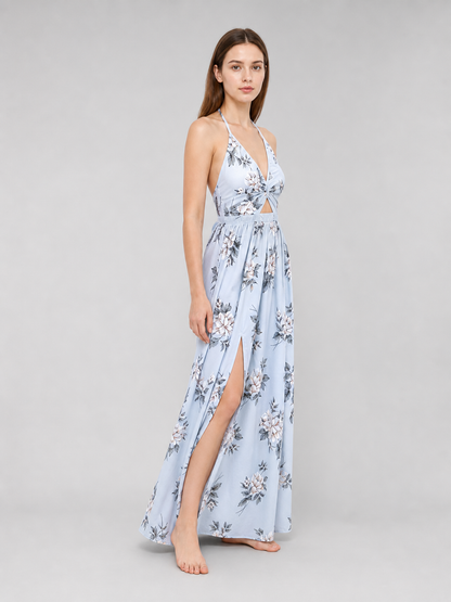 Maxi Dress with Floral Print and V-Neckline