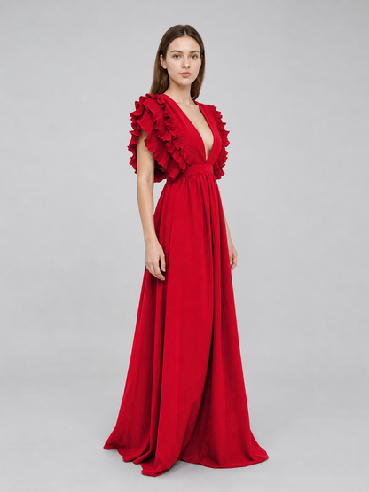 Floor-Length Maxi Dress with Ruffles and a Deep V-Neckline