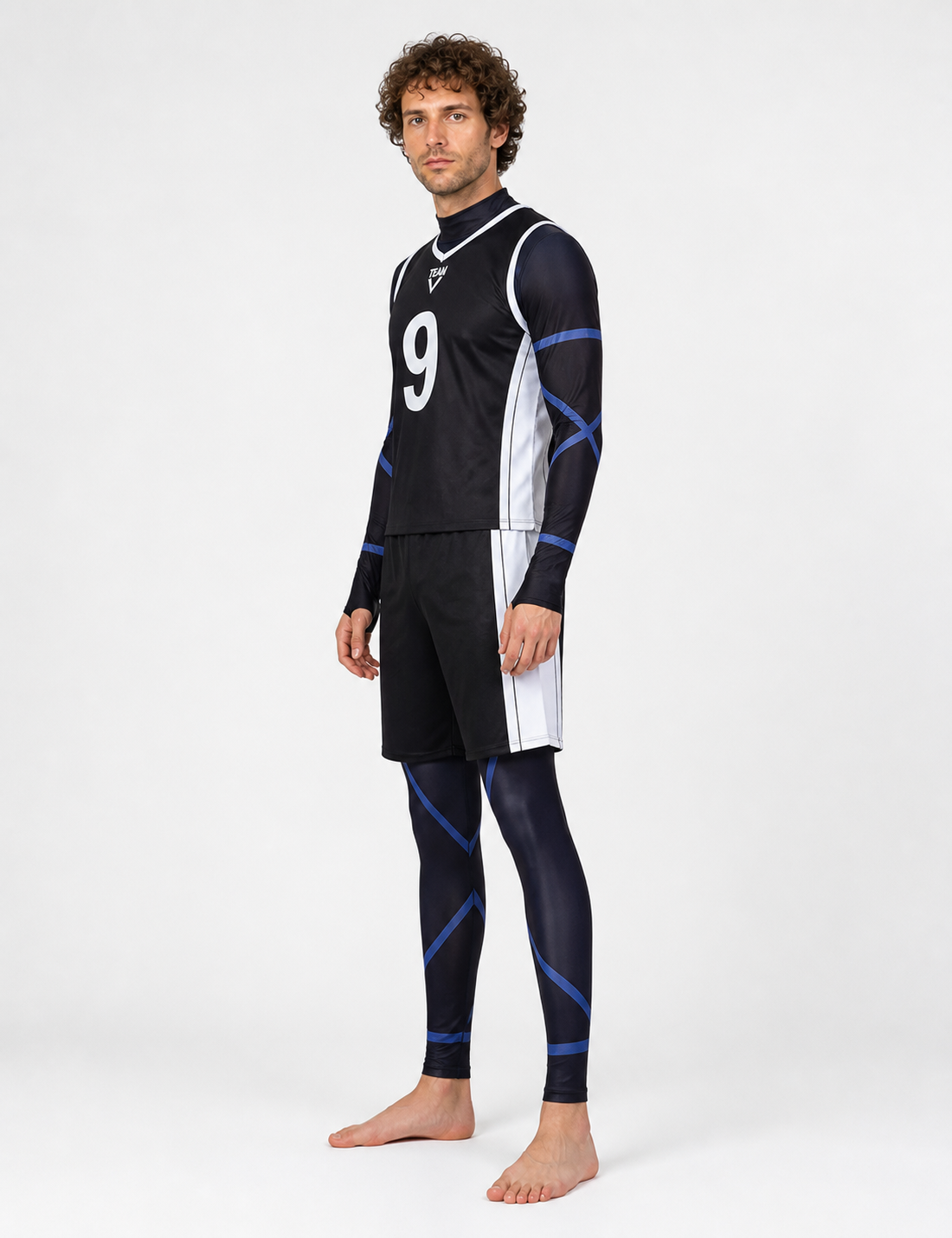 Soccer cosplay costume with No. 9, blue and white side view