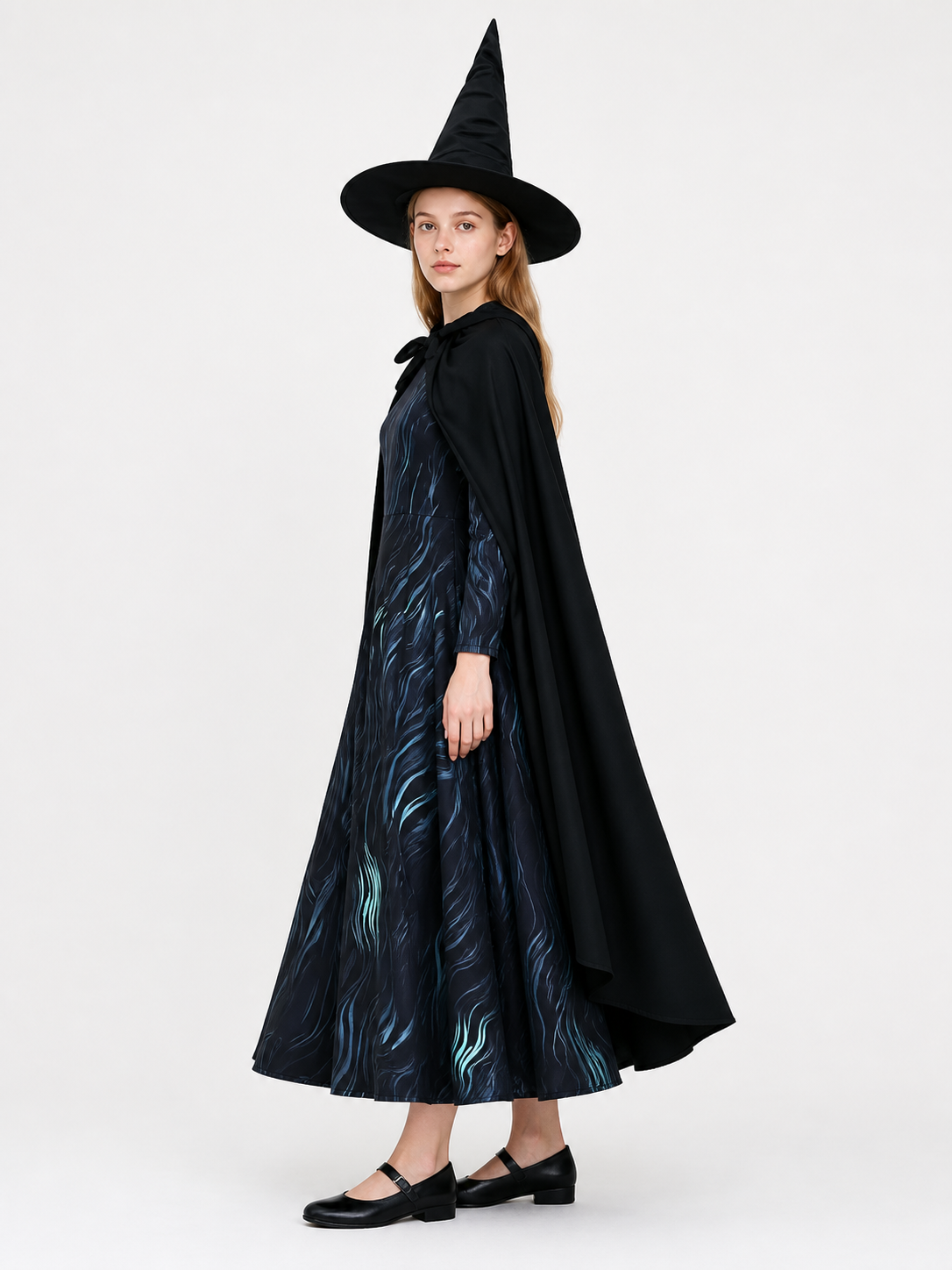 Cosplay Costume with Cape and Pointed Hat side view